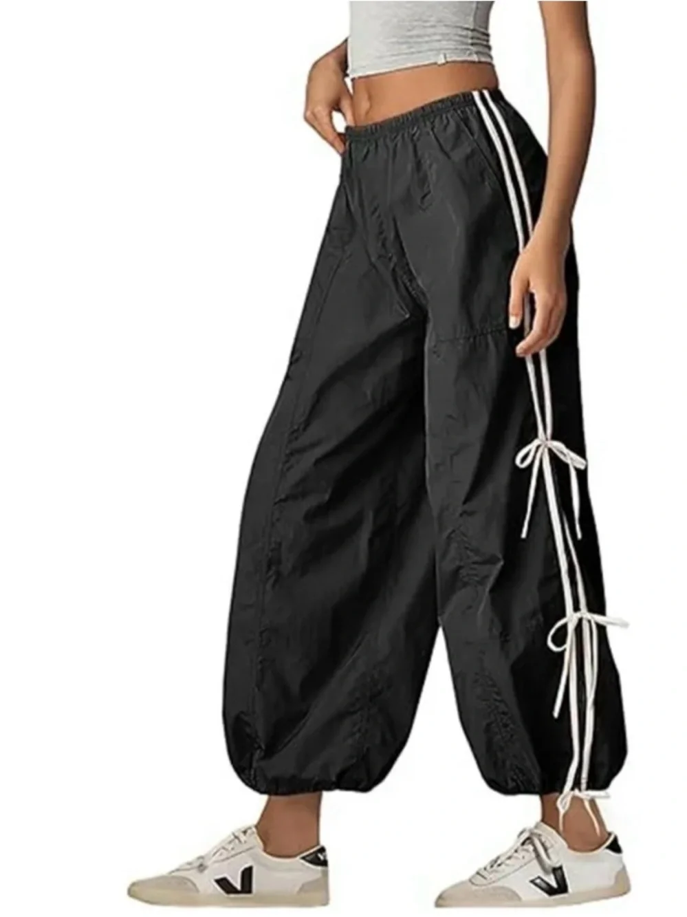 NWT Women’s Black Parachute Track Pants with White Side Stripes & Bow Ties XXL - Picture 1 of 5